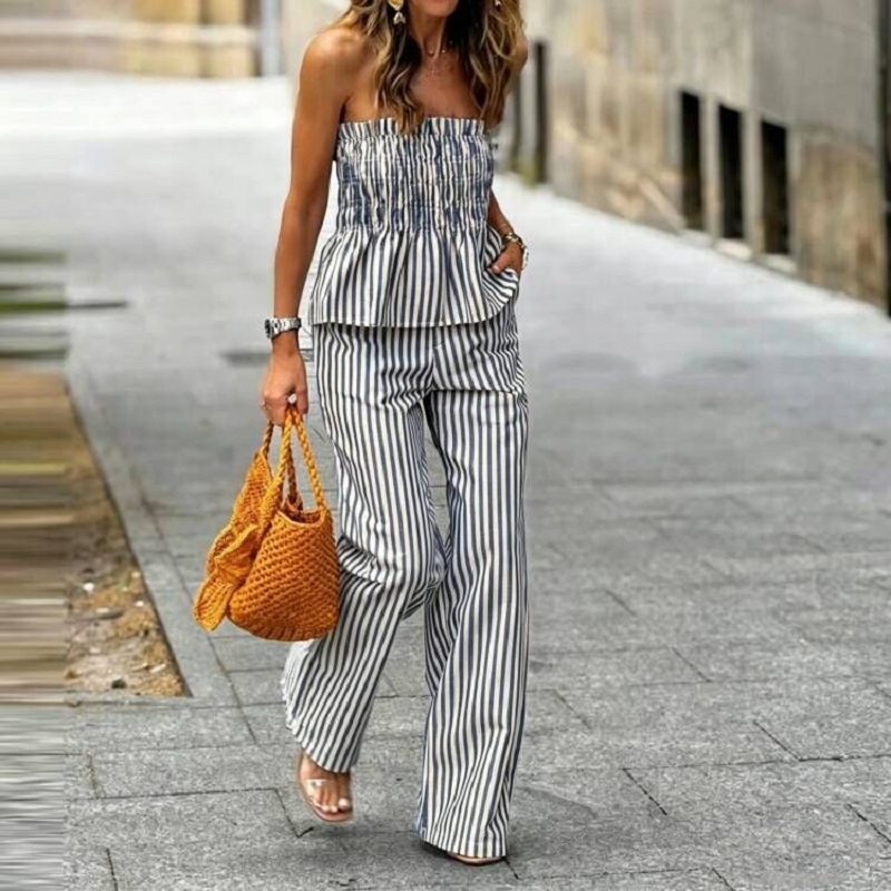 طقم عطلة صيفي جديد بطبعة مخططة - مراجعة Strapless Bra Backless وسعره